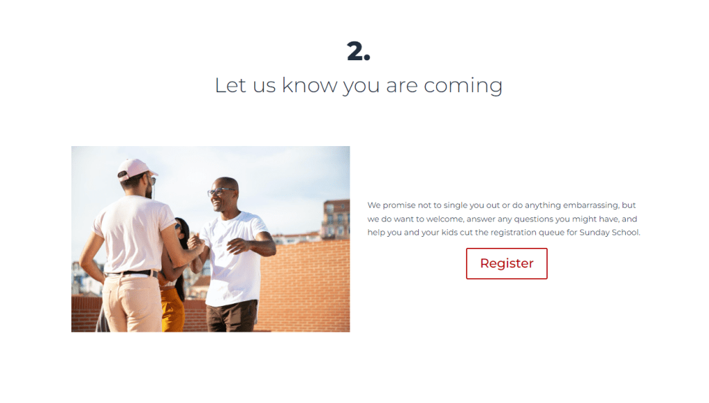 Website section: "let us know you are coming" that offers to pre-register kids for Sunday school.