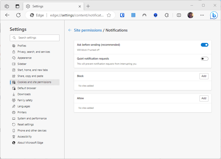 Disable site notifications via the GUI in Edge