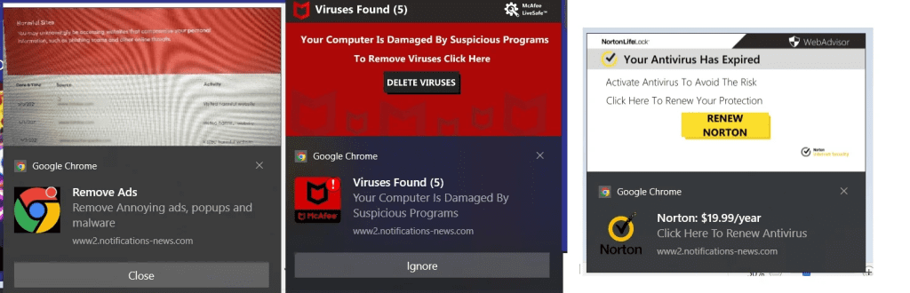 Fake antivirus notifications claiming to have found a virus
